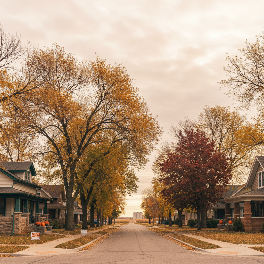 Tidy mid-century Sioux Falls rental duplex with front yard during crisp autumn