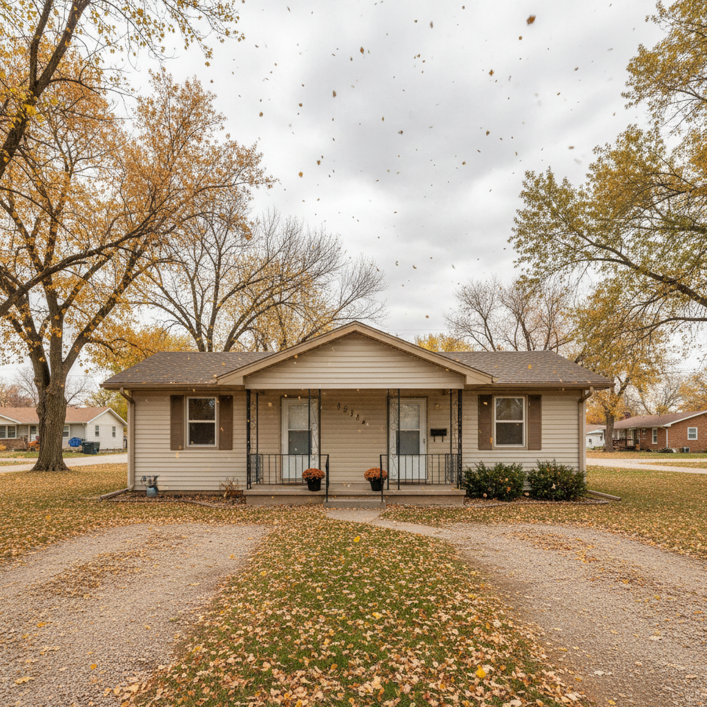 Single-story duplex on quiet Sioux Falls residential street in autumn