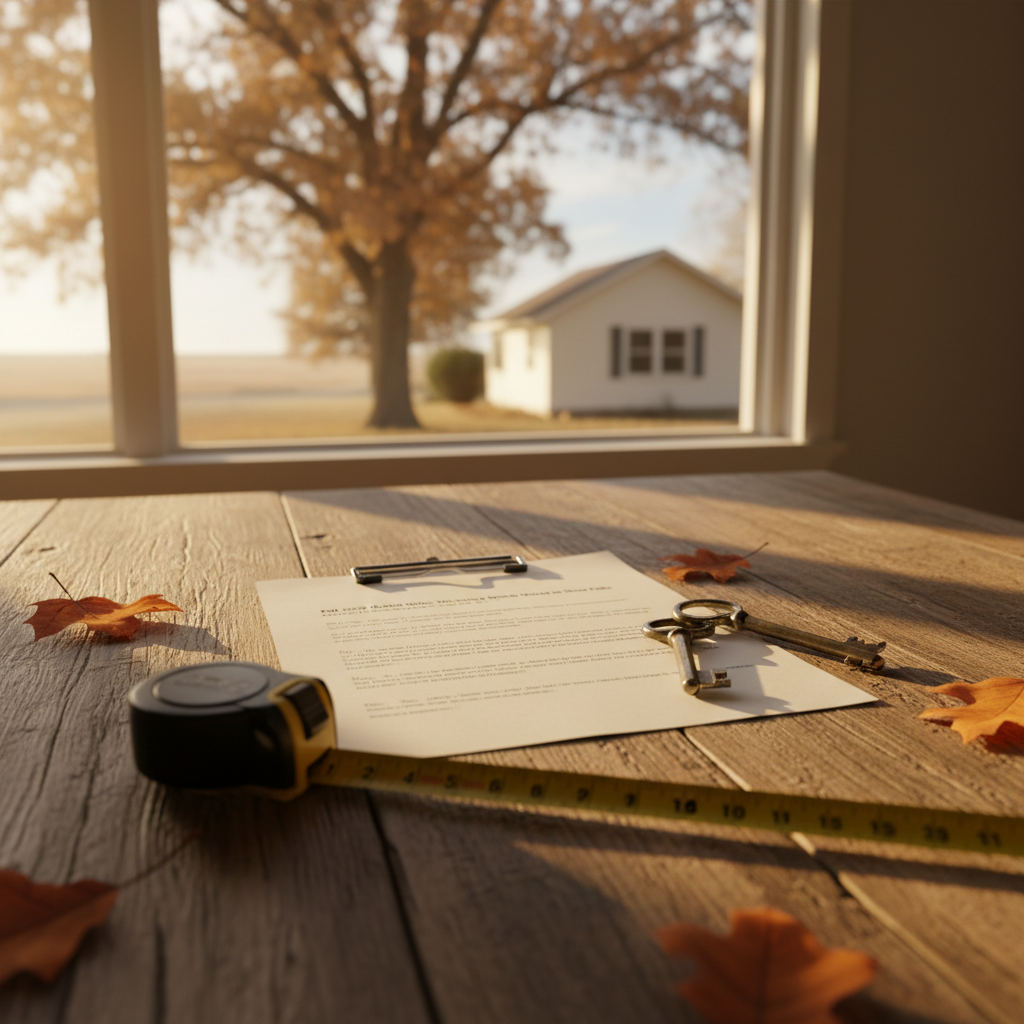 Measuring tape and lease paperwork on a wooden kitchen table