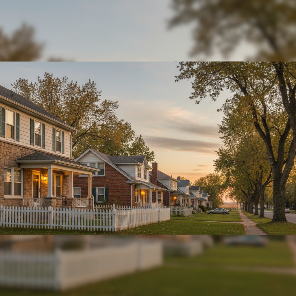 A modest, well-maintained duplex on a tree-lined street in Sioux Falls with an overcast sky.