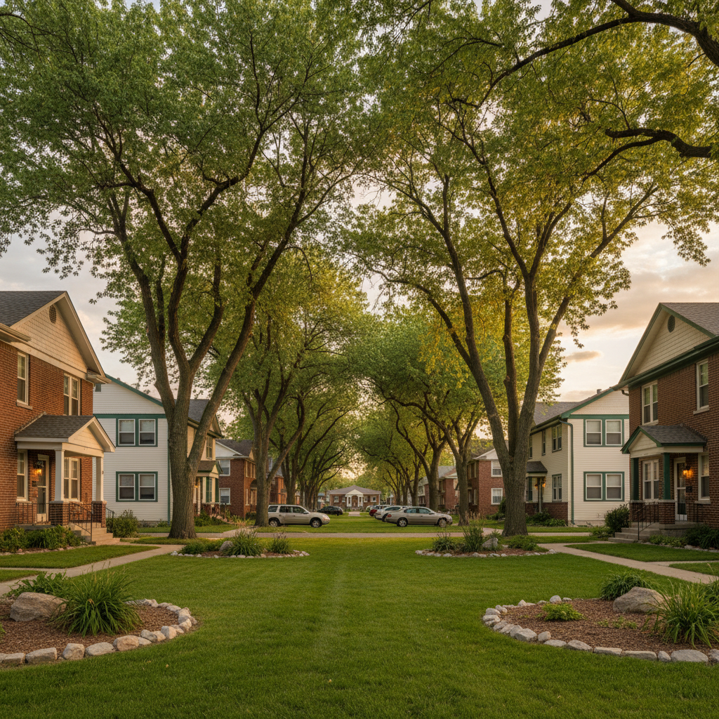 Residential street with mixed multi-family buildings